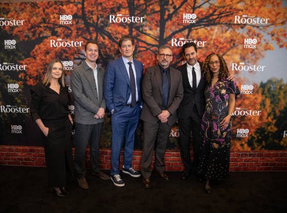 Amy Gravitt, Casey Bloys, Bill Lawrence, Steve Carell, Matt Tarses and Channing Dungey arrive on the red carpet at the premiere of HBO Rooster on Tuesday, March 3, 2026 in New York City.  NYP20260303543 SERENAxXUxNING
