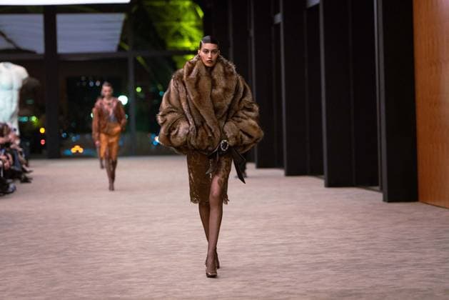 PFW - Saint Laurent Runway A model presents a creation for Saint Laurent for the Women s Ready to Wear Fall Winter 2026-2027 collection fashion show as part of the Paris Women Fashion Week (PFW), in Paris, on March 3, 2026. Photo by Alexis Jumeau ABACAPRESS.COM Paris France  Copyright: xJumeauxAlexis ABACAx