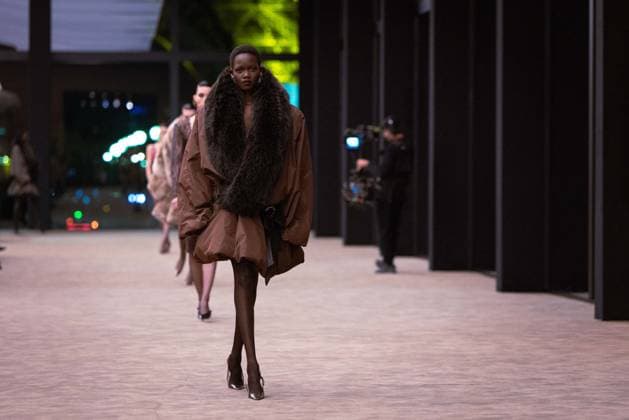 PFW - Saint Laurent Runway A model presents a creation for Saint Laurent for the Women s Ready to Wear Fall Winter 2026-2027 collection fashion show as part of the Paris Women Fashion Week (PFW), in Paris, on March 3, 2026. Photo by Alexis Jumeau ABACAPRESS.COM Paris France  Copyright: xJumeauxAlexis ABACAx
