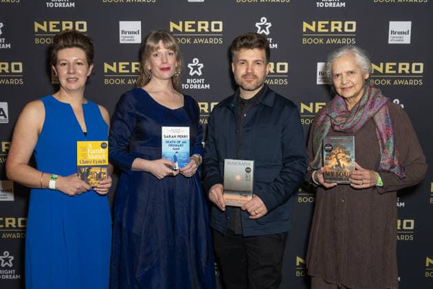 Nero Book Awards in London, UK - 04 Mar 2026 (L-R) 2025 Debut Fiction Category Winner, Claire Lynch, 2025 Non-Fiction Category Winner, Sarah Perry, 2025 Fiction Category Winner, Benjamin Wood and 2025 Children s Fiction Category Winner, Jamila Gavin attend the 2025 Nero Book Awards at Outernet in London. London United Kingdom Copyright: xPhilxLewisx xSOPAxImagesx ClaireLynchSarahPerryBenWoodJamilaGavin_Nero-3177