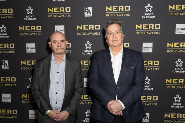 Nero Book Awards in London, UK - 04 Mar 2026 Chair of Judges, Nick Hornby (L), and CEO, Cafe Nero, Gerry Ford (R), attend the Nero Book Awards at Outernet in London. London United Kingdom Copyright: xPhilxLewisx xSOPAxImagesx NickHornby_GerryFord_Nero-3153