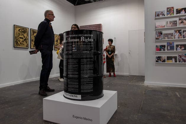 Opening of ARCO (Spain s International Contemporary Art Fair) in Madrid, Spain - 04 Mar 2026 An oil barrel with the United Nations Charter of Human Rights work by the Spanish artist Eugenio Merino seen displayed during the opening of ARCO (Spain s International Contemporary Art Fair) at its 45th edition at the IFEMA exhibition center. Madrid Spain Copyright: xDavidxCanalesx xSOPAxImagesx DCARCO260304-57