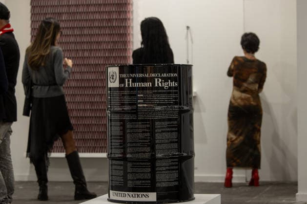 Opening of ARCO (Spain s International Contemporary Art Fair) in Madrid, Spain - 04 Mar 2026 An oil barrel with the United Nations Charter of Human Rights work by the Spanish artist Eugenio Merino seen displayed during the opening of ARCO (Spain s International Contemporary Art Fair) at its 45th edition at the IFEMA exhibition center. Madrid Spain Copyright: xDavidxCanalesx xSOPAxImagesx DCARCO260304-67