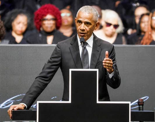 Former President Barack Obama speaks at the public Homegoing Service for the Reverend Jesse Jackson at the House of Hope church in Chicago, Illinois, on Friday, March 6, 2026. The public service is for the general public to pay respects and honor Jackson. Jackson, a well known advocate for civil rights and for the poor, and two time presidential candidate, died February 17, 2026 after suffering from progressive supranuclear palsy.  CHI20260305740 TANNENxMAURY