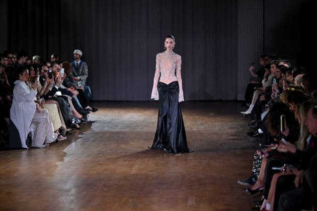 PFW Georges Hobeika Runway A model walks the runway at the Georges Hobeika show during Fashion Week in Paris, France on March 7, 2026. Photo by Julien Reynaud APS-Medias ABACAPRESS.COM Paris France  Copyright: xReynaudxJulien APS-Medias ABACAx