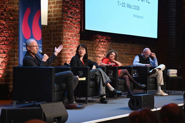 The authors Maxim Leo, l r, Dana von Suffrin, Adriana Altaras, Nicolas van Veen read and speak at Lit Cologne, the international literary festival on the subject of My Jewish Family