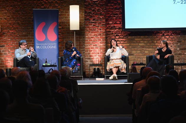 Author and director David Schalko, Eva Menasse, author Vea Kaiser author Verena Rossbacher, l t, on stage speaking and reading about Vienna calling at Lit Cologne, the international literature festival