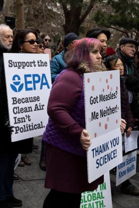 March 7, 2026, New York, New York, USA: Scientists, health professionals, students and community advocates attend the Stand Up For Science Rally to Take Back Science at City Hall Park in Lower Manhattan demanding scientific integrity, strong public health protections, and democratic accountability. People hold signs that read Got Measles? Me Neither! THANK YOU SCIENCE! Support the EPA Because Clean Air Isn t Political. Protesters denounce the Trump administration s massive cuts to government research funding and grants, the downsizing of federal science agency staff, the overhaul of the nationÃ¢â‚¬â ¢s public health policies under U.S. Secretary of Health and Human Services R. F. Kennedy, Jr. and the roll back of regulations designed to - ZUMAr174 20260307_znp_r174_014 Copyright: xGinaxMxRandazzox