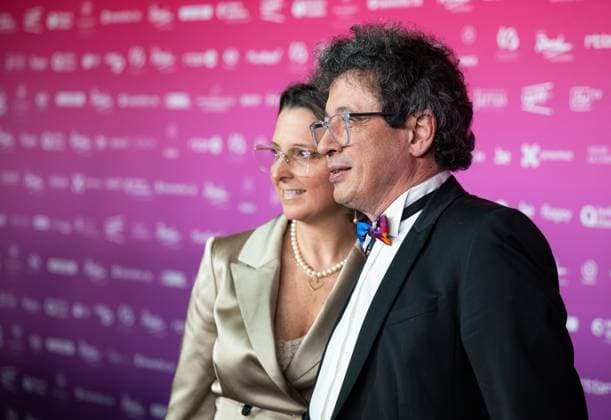Nadine Cheniaux and Philippe Boxho pose for the photographer before the 15th edition of the Rene du Cinema film awards ceremony, Saturday 07 March 2026, in Brussels. The awards are rewarded to movies of Belgian French-speaking producers.  EMILExWINDAL 166821805