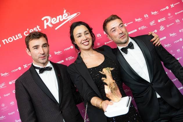 Winner of the Best Film Award, On vous croit of Charlotte Devillers and Arnaud Dufeys, Winner of the Best Actress Award, Myriem Akheddiou (On vous croit) and Arnaud Ponthiere, producer On vous croit pictured at the 15th edition of the Rene du Cinema film awards ceremony, Saturday 07 March 2026, in Brussels. The awards are rewarded to movies of Belgian French-speaking producers.  EMILExWINDAL 166821881