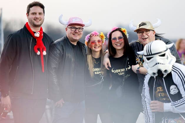 Party guests with the typical Büffel headgear at the party for 20 years of Lorenz Büffel The Ballermann star celebrates his 20th stage anniversary with a party on the Rhine Cologne, 07 03 2026 NRW Germany Copyright: xChristophxHardtx
