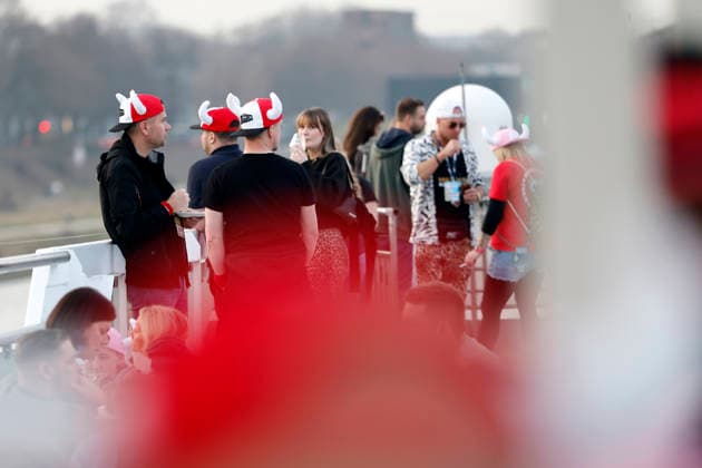 Party guests with the typical Büffel headgear at the party for 20 years of Lorenz Büffel The Ballermann star celebrates his 20th stage anniversary with a party on the Rhine Cologne, 07 03 2026 NRW Germany Copyright: xChristophxHardtx