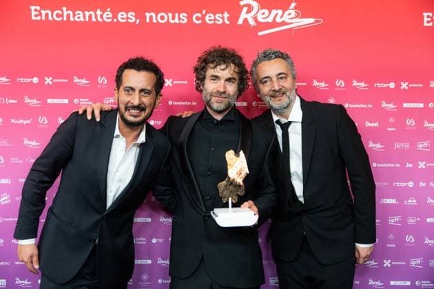 Actor Mourade Zeguendi, Winner of the Best Actor Award, Yannick Renier (Reflet dans un diamant mort) and Actor Nader Boussandel pictured at the 15th edition of the Rene du Cinema film awards ceremony, Saturday 07 March 2026, in Brussels. The awards are rewarded to movies of Belgian French-speaking producers.  EMILExWINDAL 166822103