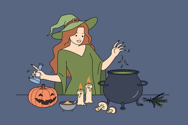 Eine bezaubernde und mystische Hexe braut einen besonderen Zaubertrank für die Halloween-Feiernacht. A whimsical and enchanting witch is busy concocting a magical potion amidst vibrant Halloween decor all around (License=RF) Copyright: xZoonar.com VolhaxSarkisianx 24744340