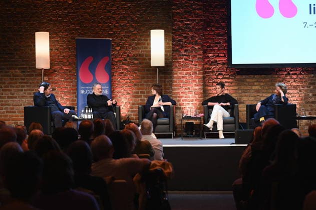 Authors Thomas Melle, l r, Feridun Zaimoglu, Emily Grunert, Daniela Dröscher, Bettina Flitner on stage at Lit Cologne, the international literary festival on the subject of Das bin doch ich On literature and real life