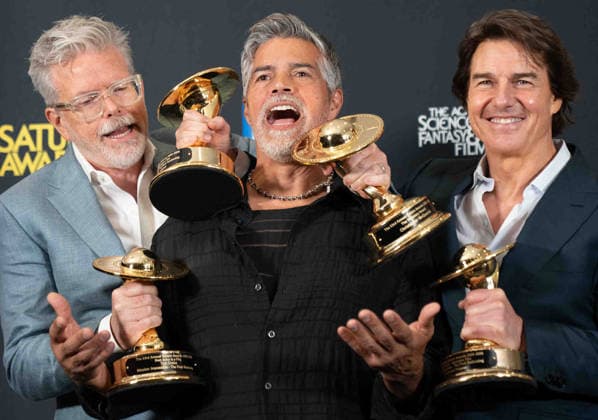March 8, 2026, Hollywood, California, United States: Christopher McQuarrie, Esai Morales and Tom Cruise arrive on the red carpet of the 53rd Annual Saturn Awards at The Hilton Universal City Hotel in Hollywood California on Mar. 8, 2026. (Contributing Photographer, Hollywood United States - ZUMAt169 20260308_zep_t169_024 Copyright: xConnorxTerryx