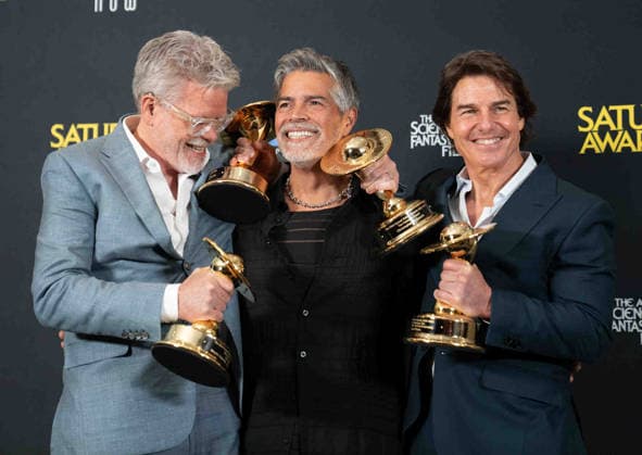 March 8, 2026, Hollywood, California, United States: Christopher McQuarrie, Esai Morales and Tom Cruise arrive on the red carpet of the 53rd Annual Saturn Awards at The Hilton Universal City Hotel in Hollywood California on Mar. 8, 2026. (Contributing Photographer, Hollywood United States - ZUMAt169 20260308_zep_t169_058 Copyright: xConnorxTerryx
