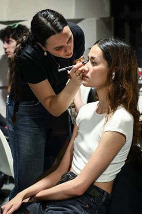 PFW - Backstage of Shiatzy Chen Runway in Paris FA A model gets prepared before the runway for the Shiatzy Chen collection as part of Paris Fashion Week in Paris, on March 9, 2026. Photo by Firas Abdullah ABACAPRESS.COM Paris Ile-de-France France  Copyright: xAbdullahxFiras ABACAx
