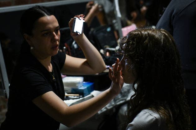 PFW - Backstage of Shiatzy Chen Runway in Paris FA A model gets prepared before the runway for the Shiatzy Chen collection as part of Paris Fashion Week in Paris, on March 9, 2026. Photo by Firas Abdullah ABACAPRESS.COM Paris Ile-de-France France  Copyright: xAbdullahxFiras ABACAx