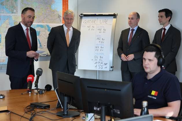 Vice-prime minister and Minister of Foreign Affairs Maxime Prevot and King Philippe - Filip of Belgium pictured during a royal visit to the Foreign Affairs crisis center, Monday 09 March 2026. The center was recently activated to organize the repatriation of Belgians stranded in the Middle East.  BENOITxDOPPAGNE 166970696
