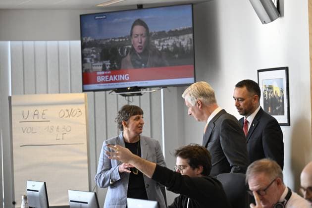 King Philippe visits the Crisis Centre of the SPF-FOD BRUSSELS, BELGIUM - MARCH 09 : King Philippe visits the Crisis Centre of the SPF-FOD. Foreign Affairs to facilitate the registration of Belgian real estate in Moyen-Orient and to contribute to the return of new partners and cooperation with Belgian diplomatic posts and defense services. During your visit, you will be informed about the current situation in the consular situation and the developments in the region regarding your geographic plan. It is accompanied by Maxime Prevot (Minister for Foreign Affairs) on March 9, 2026 in Brussels, Belgium, 09 03 2026 Brussels Belgium  Copyright: xDidierxLebrunx