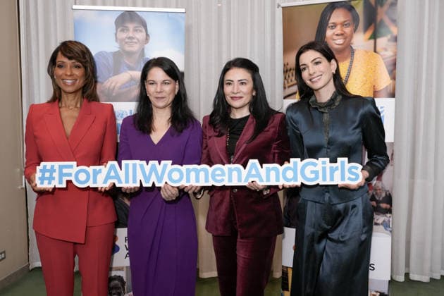 Sade Baderinwa, WABC-TV News Anchor, Her Excellency Ms. Annalena Baerbock, President of the eightieth session of the United Nations General Assembly, Her Excellency Ms. Maritza Chan Valverde, Permanent Representative of Costa Rica to the United Nations and Chair of the seventieth session of the Commission on the Status of Women, Anne Hathaway during the Official United Nations Commemoration of the International Women™s Day (IWD) 2026, held at the General Assembly Hall at United Nations Headquarters Featuring: Sade Baderinwa, Annalena Baerbock, Maritza Chan Valverde, Anne Hathaway Where: New York, New York, United States When: 09 Mar 2026 Credit: Jennifer Graylock INSTARimages EDITORIAL USE ONLY. NOT FOR USE BY NEWSPAPERS BASED IN THE UK Copyright: xx instar55541460