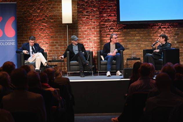 Authors Lenz Koppelstätter, l r, Tom Hillenbrand, Wolfgang Schorlau and presenter Margarete von Schwarzkopf read and speak on stage at Lit Cologne, the international literary festival with the theme Murder is everywhere