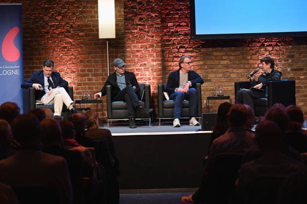 Authors Lenz Koppelstätter, l r, Tom Hillenbrand, Wolfgang Schorlau and presenter Margarete von Schwarzkopf read and speak on stage at Lit Cologne, the international literary festival with the theme Murder is everywhere