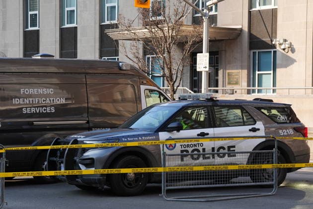 March 10, 2026, Toronto, On, CANADA: Police vehicles are shown at the U.S. consulate in Toronto on Tuesday March 10, 2026. Police are investigating reports that the United States consulate in Toronto s downtown core was hit by early morning gunfire Tuesday. Toronto CANADA  - ZUMAc35_ 20260310_zaf_c35_004 Copyright: xFrankxGunnx