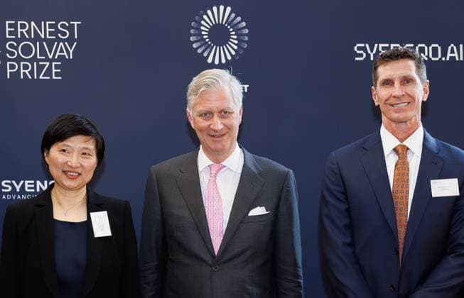 Professor Xiaowei Zhuang (for pioneering the development of genome-scale imaging), King Philippe - Filip of Belgium and Syensqo CEO Michael Radossich pictured at the Ernest Solvay Prize Award Ceremony 2026, Tuesday 10 March 2026 in Brussels. The Ernest Solvay Prize is a biennial award created in 2013 and accompanied by a prize of 300,000 euros. It honours scientists whose research contributes to shaping the chemistry of tomorrow.  BENOITxDOPPAGNE 167077853