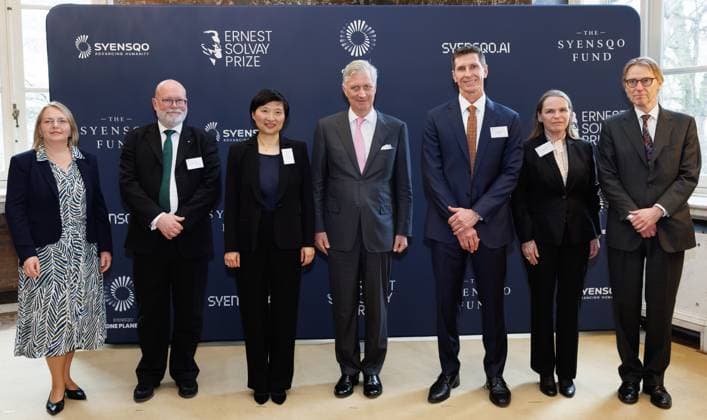 Anne De Wit, Sven Lidin, Xiaowei Zhuang, King Philippe - Filip of Belgium, M. Radossich, Heike van de Kerkhof and JM Solvay pictured during the Ernest Solvay Prize Award Ceremony 2026, Tuesday 10 March 2026 in Brussels. The Ernest Solvay Prize is a biennial award created in 2013 and accompanied by a prize of 300,000 euros. It honours scientists whose research contributes to shaping the chemistry of tomorrow.  BENOITxDOPPAGNE 167078664