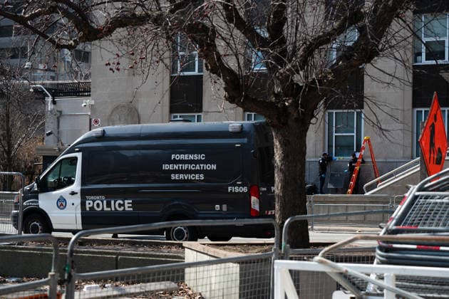 (260310) -- TORONTO, March 10, 2026 -- Toronto police work at the scene of a shooting incident in Toronto, Canada, on March 10, 2026. Toronto police said Tuesday they are investigating a shooting incident targeting the U.S. consulate in the largest city in Canada. No injuries were reported, police said, adding that they did not have information on a suspect. (Photo by Li Haitao Xinhua) CANADA-TORONTO-U.S. CONSULATE-SHOOTING LinxWei 