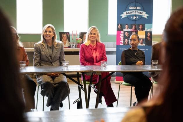 Amsterdam, The Netherlands, 2026-03-11 12:12:21 AMSTERDAM, March 11, 2026, LAB111 Queen Maxima presenting a workbook to the Anne-Bo Foundation at LAB111 in Amsterdam. The foundation focuses on girls for whom studying is not a given, for example, because they grow up in poverty, have a history of refugee status, or come from youth care. PHOTO: NLBeeld Patrick van Emst Credit: NL Beeld Patrick van Emst  Copyright: xx x