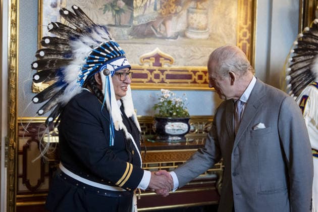 . 11 03 2026. London, United Kingdom. King Charles III during an audience with Chief Desmond Bull, Louis Bull Tribe, part of a delegation of seven elected representatives of First Nations signatories to Treaty Number Six, the 1876 treaty between the Crown and First Nations in modern-day Saskatchewan and Alberta, Canada at Buckingham Palace, London  xPoolx xi-Imagesx IIM-26627-0002