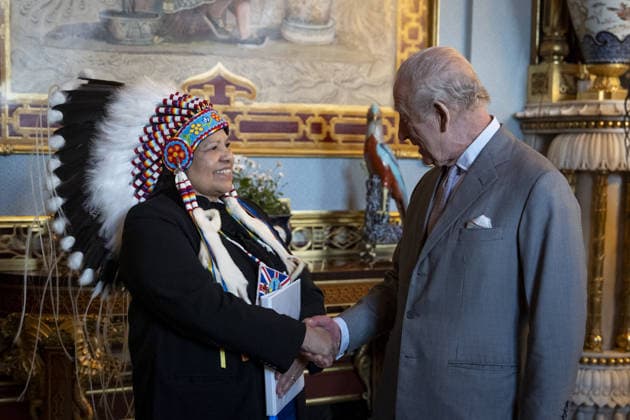 . 11 03 2026. London, United Kingdom. King Charles III during an audience with Chief Christine Long john - Sturgeon Lake First Nation, part of a delegation of seven elected representatives of First Nations signatories to Treaty Number Six, the 1876 treaty between the Crown and First Nations in modern-day Saskatchewan and Alberta, Canada at Buckingham Palace, London.  xPoolx xi-Imagesx IIM-26627-0005