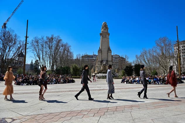 March 12, 2026, Madrid, Madrid, SPAIN: Models walk the runway on the urban catwalk set up in Plaza de EspaoÂ±a during the opening event of OMODA Madrid es Moda, marking the start of Madrid Fashion Week. The show brings together 25 Spanish independent fashion designers in one of the capital s most iconic locations. Madrid SPAIN - ZUMAz108 20260312_znp_z108_024 Copyright: xRichardxZubelzux