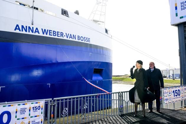 Texel, The Netherlands, 2026-03-12 14:25:35 TEXEL, 11-03-2026, NIOZ harbor. Queen Maxima christens the research vessel Anna Weber-van Bosse of the Royal Netherlands Institute for Sea Research (NIOZ). The christening ceremony will take place on Texel in the NIOZ harbor. The ship enables oceanographers to conduct research from the surface to the deep sea and from the poles to the tropics. PHOTO: NLBeeld Patrick van Emst Credit: NL Beeld Patrick van Emst  Copyright: xx x