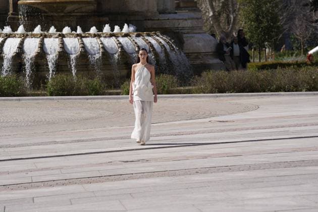 March 12, 2026, Madrid, Madrid, SPAIN: Models walk the runway on the urban catwalk set up in Plaza de Espana during the opening event of OMODA Madrid es Moda, marking the start of Madrid Fashion Week. The show brings together 25 Spanish independent fashion designers in one of the capital s most iconic locations Cordon Press 