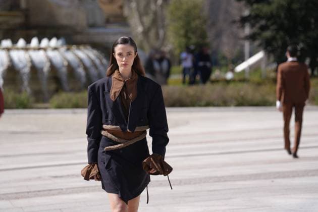 March 12, 2026, Madrid, Madrid, SPAIN: Models walk the runway on the urban catwalk set up in Plaza de Espana during the opening event of OMODA Madrid es Moda, marking the start of Madrid Fashion Week. The show brings together 25 Spanish independent fashion designers in one of the capital s most iconic locations Cordon Press 
