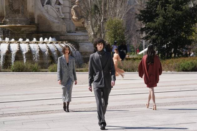 March 12, 2026, Madrid, Madrid, SPAIN: Models walk the runway on the urban catwalk set up in Plaza de Espana during the opening event of OMODA Madrid es Moda, marking the start of Madrid Fashion Week. The show brings together 25 Spanish independent fashion designers in one of the capital s most iconic locations Cordon Press 