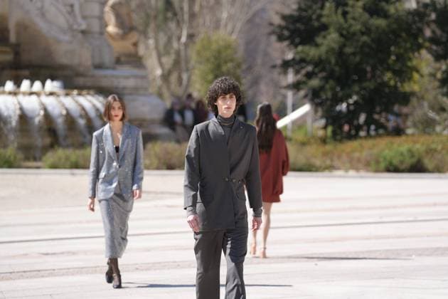 March 12, 2026, Madrid, Madrid, SPAIN: Models walk the runway on the urban catwalk set up in Plaza de Espana during the opening event of OMODA Madrid es Moda, marking the start of Madrid Fashion Week. The show brings together 25 Spanish independent fashion designers in one of the capital s most iconic locations Cordon Press 