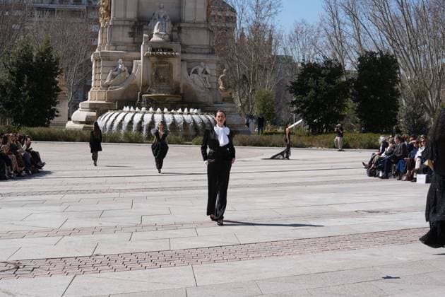 March 12, 2026, Madrid, Madrid, SPAIN: Models walk the runway on the urban catwalk set up in Plaza de Espana during the opening event of OMODA Madrid es Moda, marking the start of Madrid Fashion Week. The show brings together 25 Spanish independent fashion designers in one of the capital s most iconic locations Cordon Press 