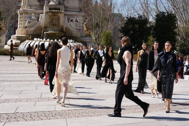 March 12, 2026, Madrid, Madrid, SPAIN: Models walk the runway on the urban catwalk set up in Plaza de Espana during the opening event of OMODA Madrid es Moda, marking the start of Madrid Fashion Week. The show brings together 25 Spanish independent fashion designers in one of the capital s most iconic locations Cordon Press 