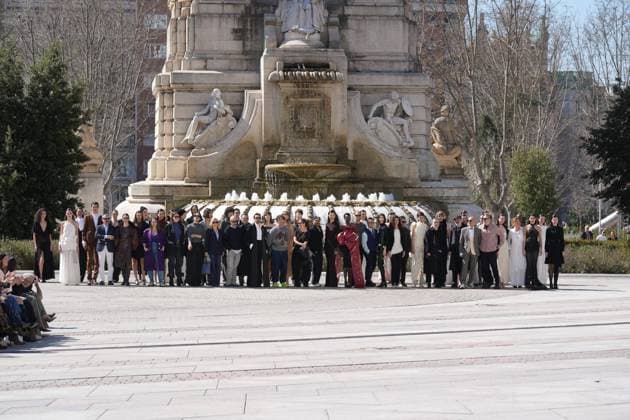 March 12, 2026, Madrid, Madrid, SPAIN: Models walk the runway on the urban catwalk set up in Plaza de Espana during the opening event of OMODA Madrid es Moda, marking the start of Madrid Fashion Week. The show brings together 25 Spanish independent fashion designers in one of the capital s most iconic locations Cordon Press 
