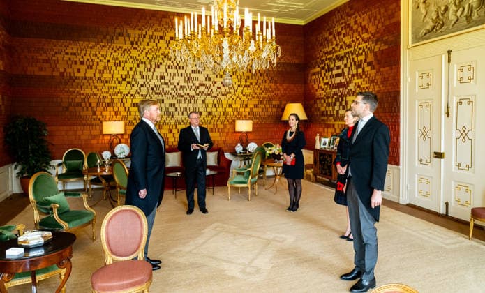 12-03-2026 King Willem-Alexander during a meeting with the Permanent Representative to the UN Food and Agriculture Organizations, Elske Smith (Rome), and Ambassador Matthijs van Eeuwen LLM (Harare) at palace Huis ten Bosch in The Hague. Â  Copyright: xPPEx