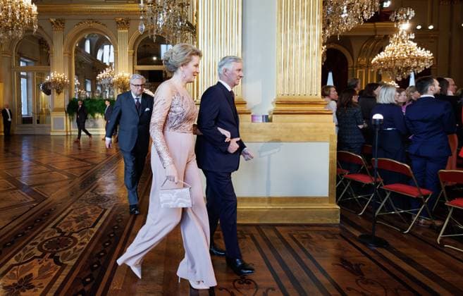 Prince Laurent of Belgium, Queen Mathilde of Belgium and King Philippe - Filip of Belgium pictured during the annual spring concert at the Royal Palace, in Brussels, Thursday 12 March 2026. For this new edition, the Sovereigns wanted to highlight innovation by inviting individuals who, through their creativity, rigor, and commitment, work tirelessly to advance society. The musical program will be provided by FRATRES TRIO, an atypical ensemble combining saxophone, violin, and piano. BENOITxDOPPAGNE 167287096
