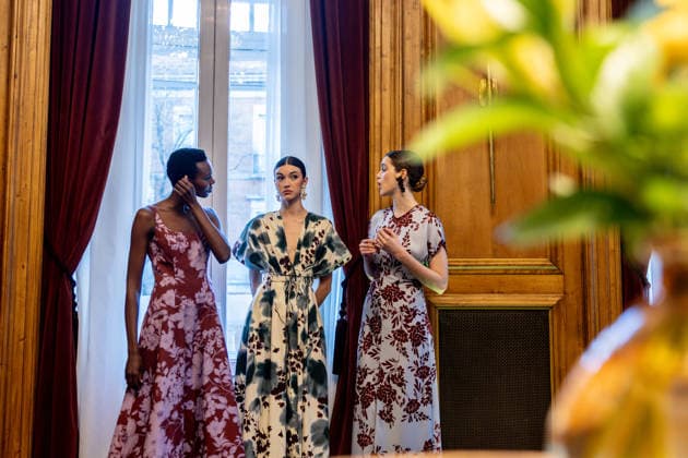 Juan Avellaneda presents his new Spring Summer 2026 collection Three models pose during the presentation of the Juan Avellaneda x See Iou Spring Summer 2026 collection, March 12, 2026, in Madrid Spain The Avellaneda event adopts the format of an exclusive trunk show The Juan Avellaneda x See Iou collaboration, active since 2020, fuses the timeless elegance and Mediterranean spirit of the designer - known for his floral prints and tailoring - with the ethical and sustainable approach of See Iou, active since 2020, fuses the timeless elegance and Mediterranean spirit of the designer - known for his floral prints and tailoring - with the ethical and sustainable approach of See Iou, offering affordable womens fashion made in Spain 12 MARCH 202  Copyright: xRicardoxRubiox 7361578