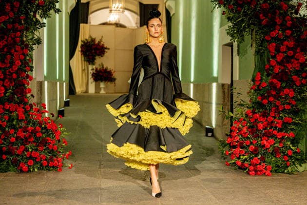 Juana Martín presents her new collection of flamenco fashion and prêt a porter A model parades presenting the new collection of flamenco fashion and prêt a porter of the designer Juana Martín, at the Real Academia de Bellas Artes de San Fernando, on March 12, 2026, in Madrid Spain Juana Martín, designer from Cordoba of gypsy origin and the first Spanish woman to parade in the Haute Couture in Paris, presents today her flamenco collection Herencia The fashion show, framed in the Madrid fashion week OMODA Madrid es Moda , is her only event in Spain in 2026 and pays tribute to the flower as a timeless symbol of flamenco 12 MARCH 2026 FASHION DESIGNER COLLECTION MODEL SHOWS SHOWS catwalk Madrid Madrid Spain  Copyright: xRicardoxRubiox 7361774
