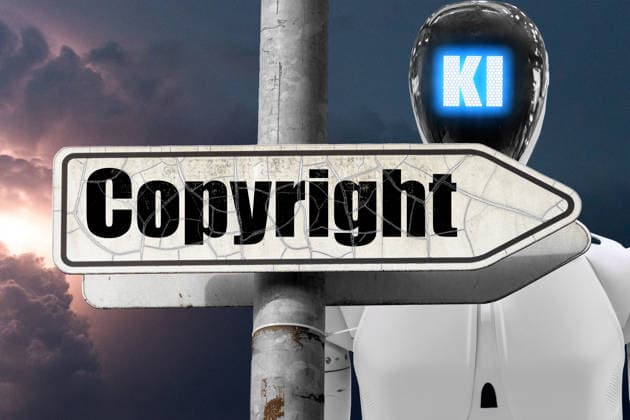 Mindelheim, Bavaria, Germany - March 12, 2026: PHOTO MONTAGE, A signpost with the term copyright next to a symbolic AI figure represents debates about copyright in the age of artificial intelligence. AI can imitate or generate content, raising new questions about image rights and intellectual property. *** FOTOMONTAGE, Ein Wegweiser mit dem Begriff Copyright neben einer symbolischen KI-Figur steht für Debatten über Urheberrechte im Zeitalter künstlicher Intelligenz. KI kann Inhalte imitieren oder generieren und wirft neue Fragen zu Bildrechten und geistigem Eigentum auf.