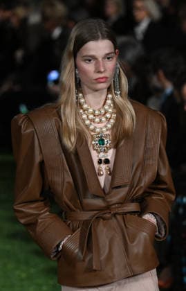 Valentino Runway - Rome A model walks the runway at Italian fashion house Valentino Show ‘Interferenze’ Fall Winter 2026 collection at Palazzo Barberini in Rome, Italy on March 12, 2026, two months after the death of founder Valentino Garavani. Italian fashion house Valentino returned to its roots with an evocative catwalk show held in the galleries of the Palazzo Barberini, a Baroque palace now home to masterpieces of the greatest artists of the Renaissance. Photo by Eric Vandeville ABACAPRESS.COM Rome Italy  Copyright: xVandevillexEric ABACAx